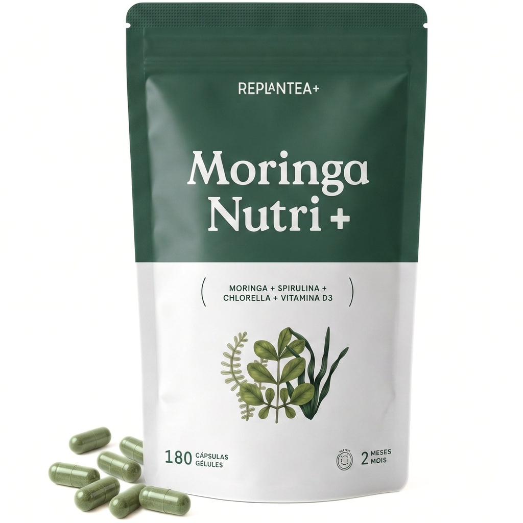 [CX-8EKY-VVJM] Moringa Nutri+ · Moringa, Espirulina y Chlorella ECO con Vitamina D3 · 180 cápsulas veganas