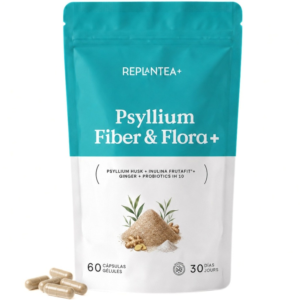 [55-ZQZ9-4ABW] Psyllium Fiber & Flora+ · Psyllium ECO, Inulina Frutafit®, Jengibre y Probióticos IH10 (10 cepas) · 60 cápsulas veganas