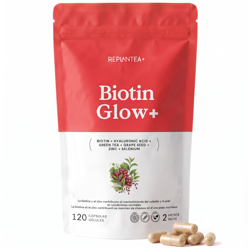 [BIOGLOW120] Biotin Glow+ · Biotina, Té Verde, Vitamina C, Ácido Hialurónico, Zinc y Selenio · 120 cápsulas veganas